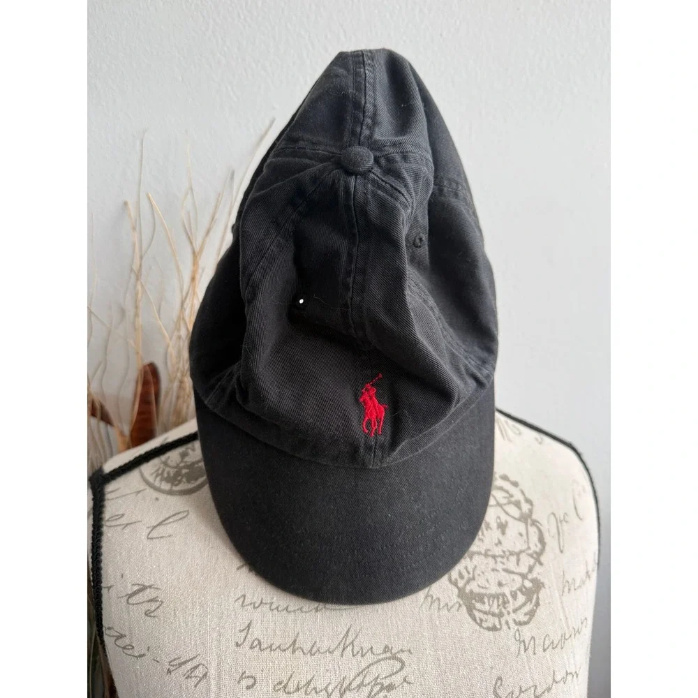 Polo Ralph Lauren Mens Black Cotton Baseball Cap Red Pony Logo Adjustable Hat